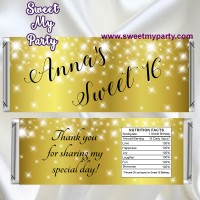 Gold Sparkle Sweet 16 candy bar wrappers,Gold Sparkle Quinceanera candy bar wrappers,Sweet sixteen candy bar wrappers,(12swee)